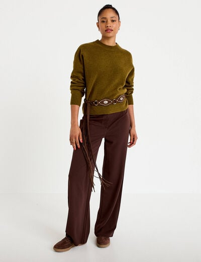 Pull col rond vert olive femme