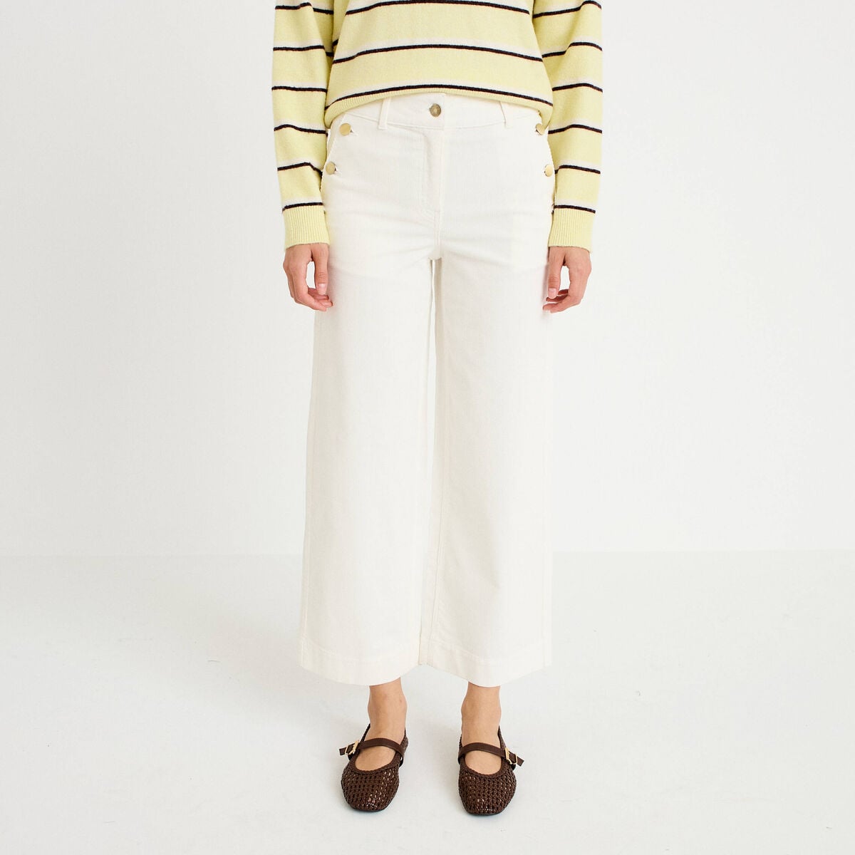 Pantalon taille haute velours ecru femme