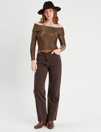 Jeans wide leg taille haute marron foncé femme