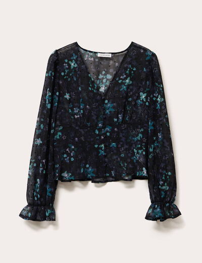 Blouse cintr&eacute;e courte en voile col V noir femme