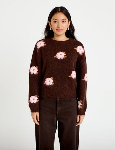 Pull ample col rond manches longues marron fonc&eacute; femme