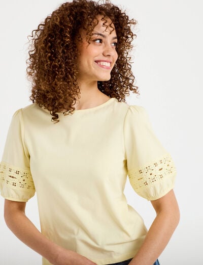 T-shirt col rond manches courtes jaune pastel femme