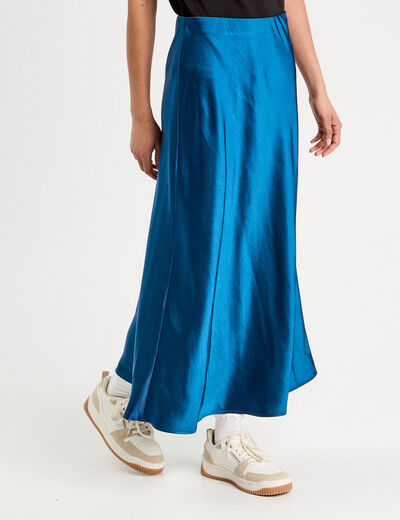 Jupe midi droite effet satin bleu marine femme