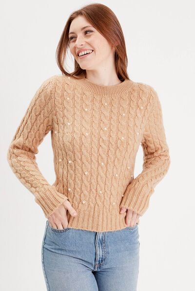 Pull avec torsades et perles beige femme