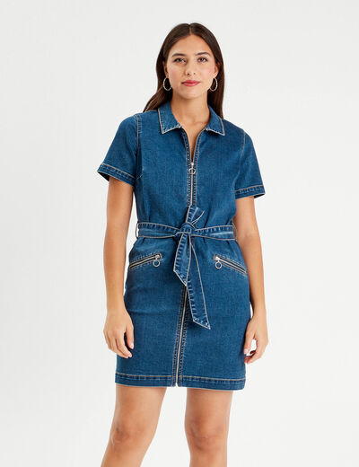 Robe droite en jean zippée denim stone femme