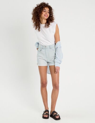 Short mom taille haute en jean denim bleach femme