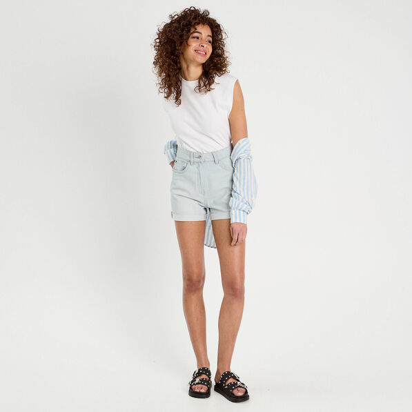 short mom taille haute en jean denim bleach femme Short mom taille haute en jean denim bleach femme