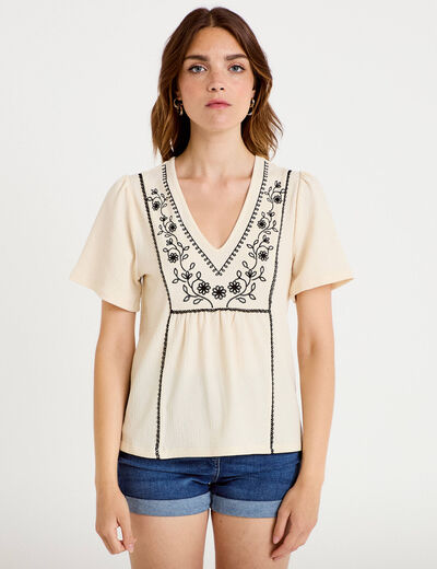 Blouse col v manches courtes ecru femme