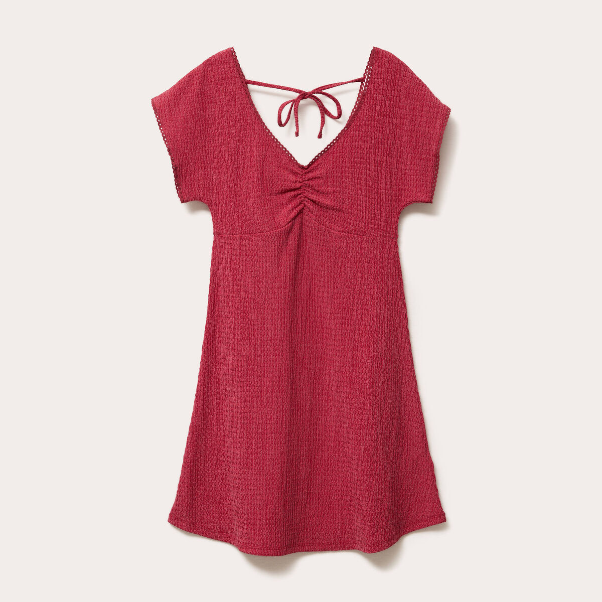 Robe courte évasée col v manches courtes rouge foncé femme