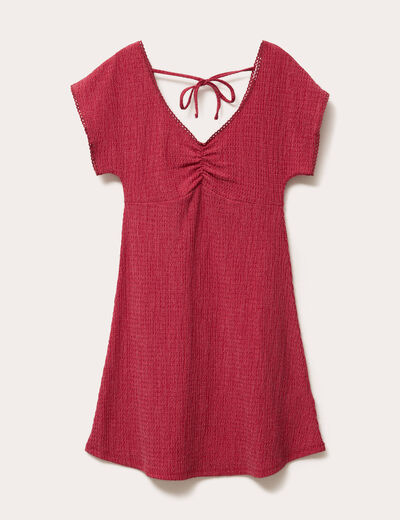 Robe courte évasée col v manches courtes rouge foncé femme