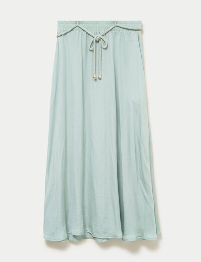 Jupe longue &eacute;vas&eacute;e satin vert pastel femme