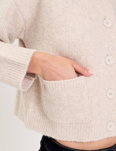 Gilet bouclette col rond manches longues beige femme