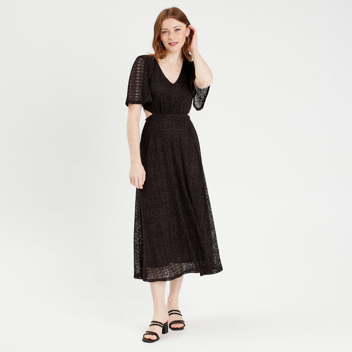 Robe longue évasée dentelle noir femme