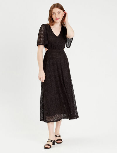 Robe longue évasée dentelle noir femme
