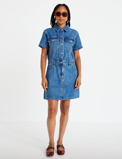 Robe droite courte en jean col chemise denim stone femme