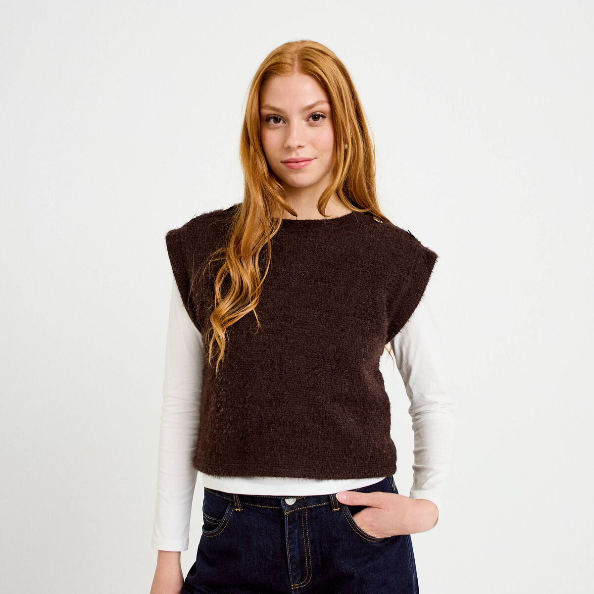 Pull 2-en-1 manches longues col rond marron fonc&eacute; femme