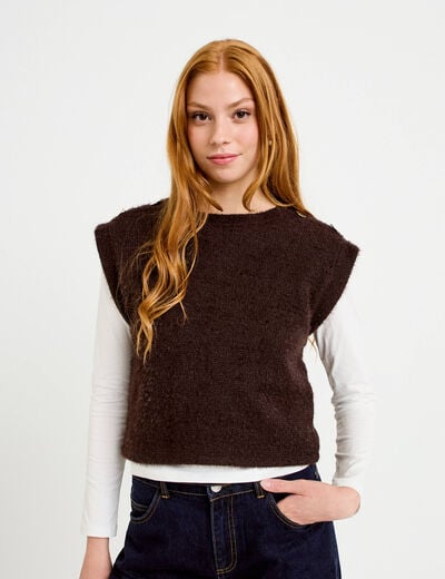 Pull 2-en-1 manches longues col rond marron fonc&eacute; femme