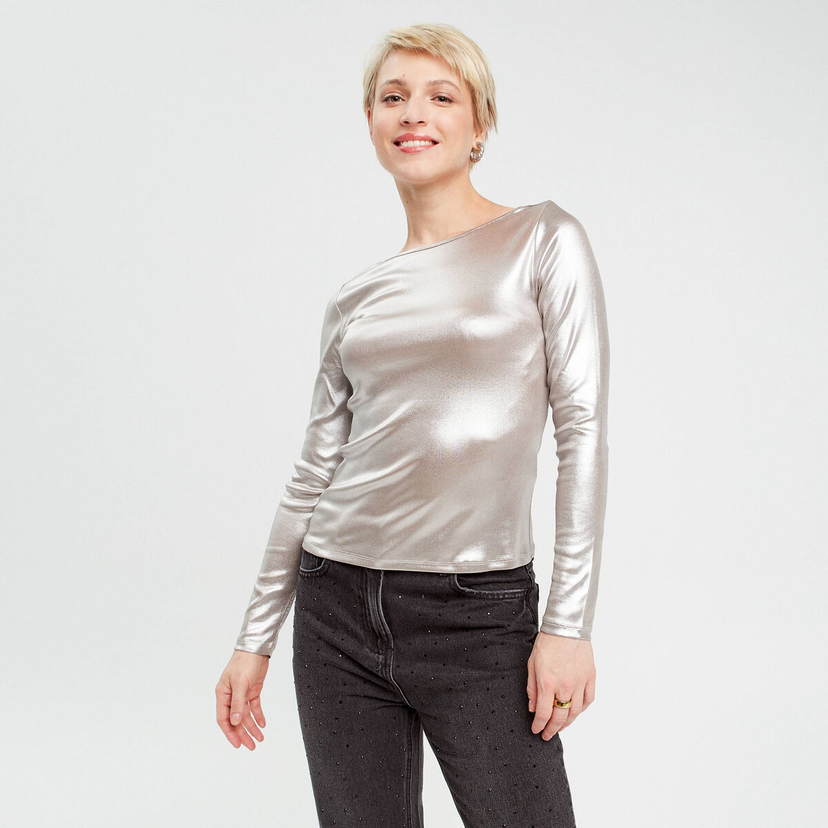 T-shirt aspect métallisé gris argent femme