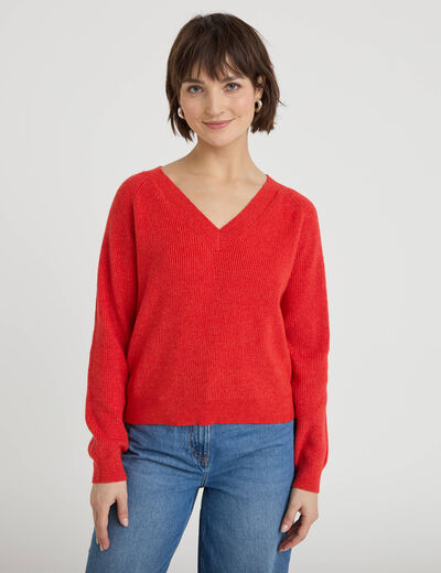 Pull fin col v rouge femme