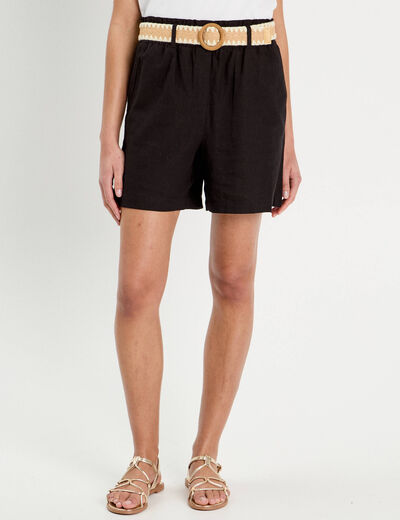 Short ample ceinturé contenant du lin noir femme