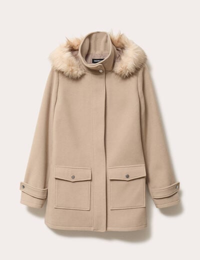 Manteau mi-long &agrave; capuche beige femme