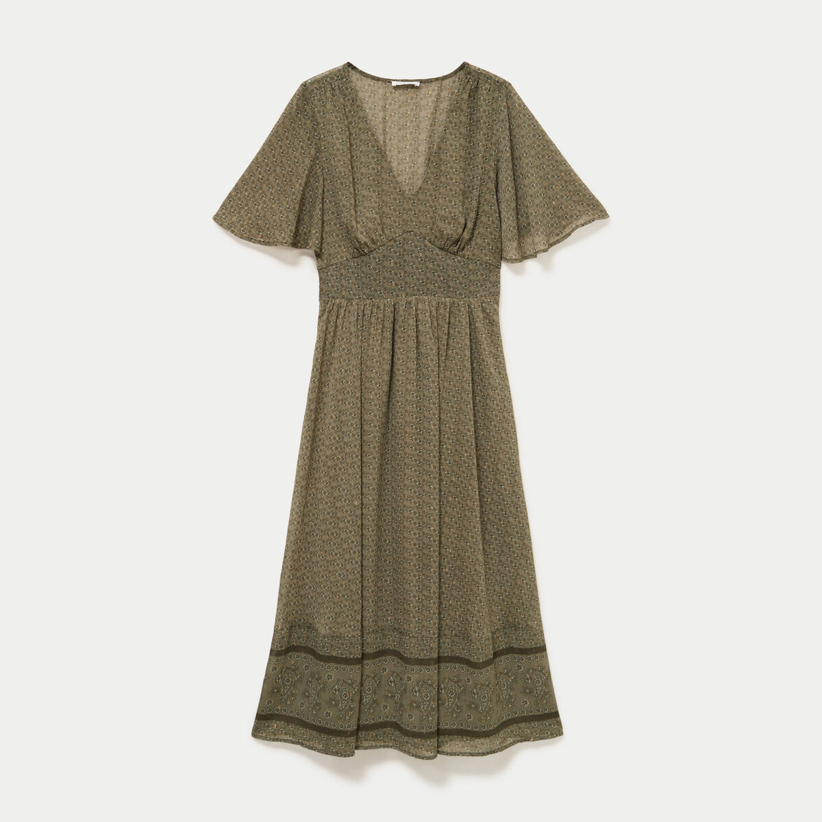 Robe longue &eacute;vas&eacute;e col v voile vert kaki femme