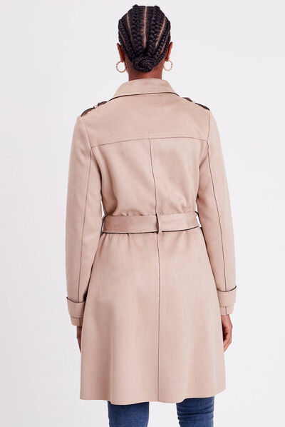 Trench long en suédine boutonné femme beige femme