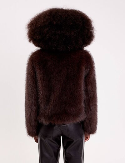 Veste courte en fausse fourrure marron fonc&eacute; femme