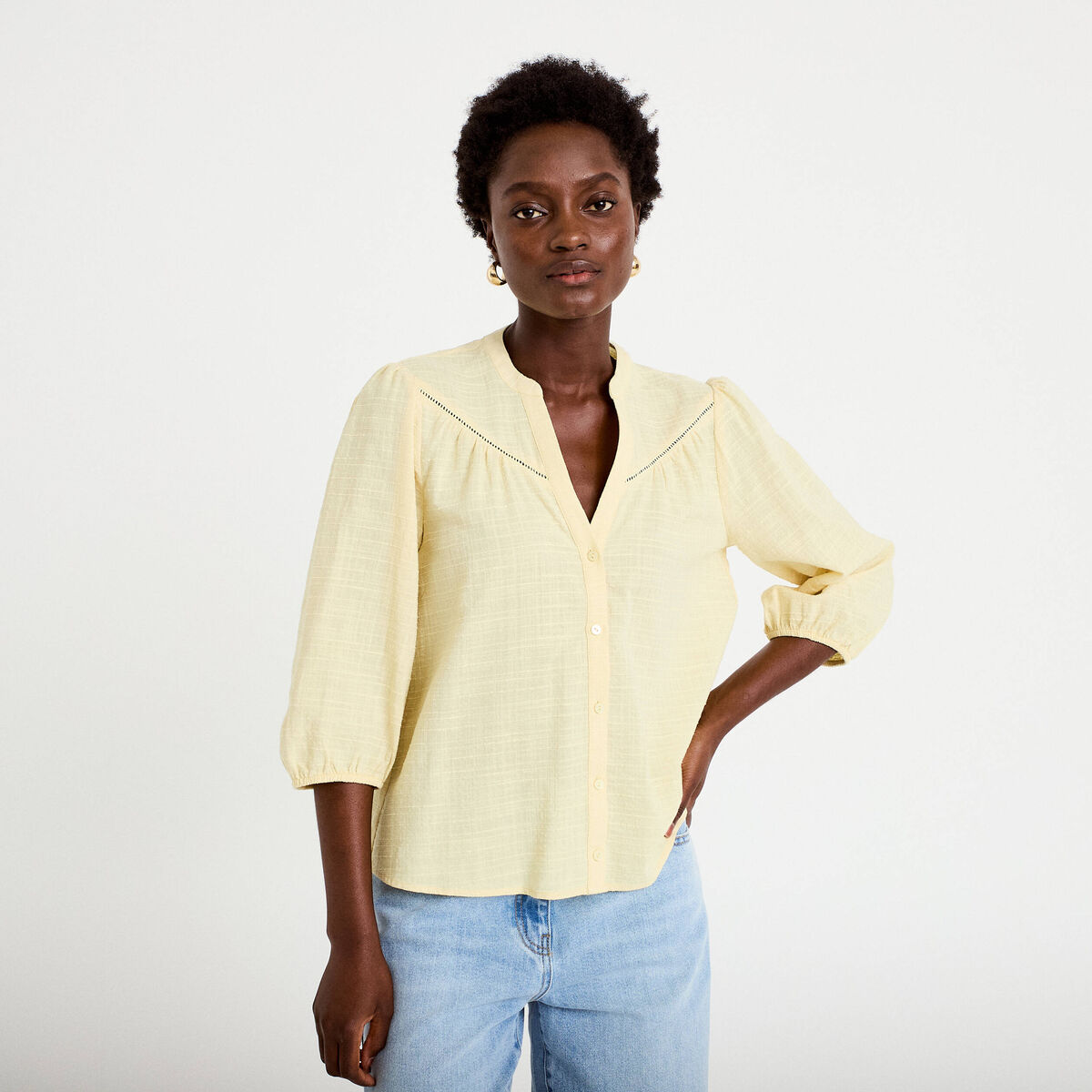 Blouse ample col v manches 3/4 jaune clair femme