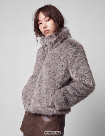 Manteau droit court fausse fourrure bleu gris