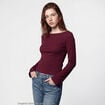 T-shirt cintr&eacute; col rond manches longues bordeaux