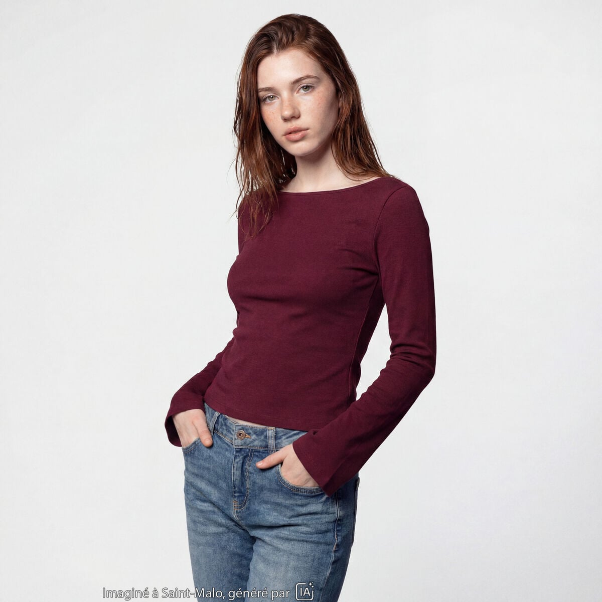 T-shirt cintr&eacute; col rond manches longues bordeaux