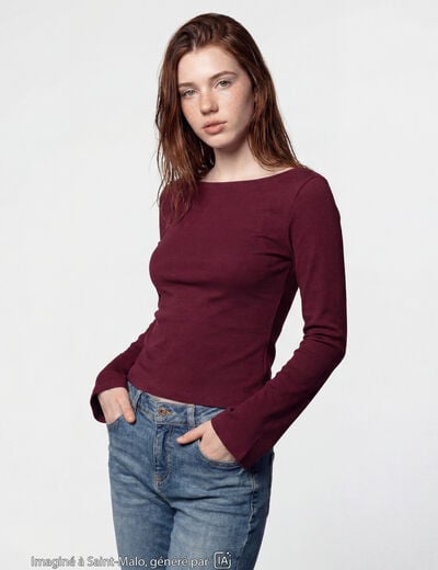T-shirt cintr&eacute; col rond manches longues bordeaux