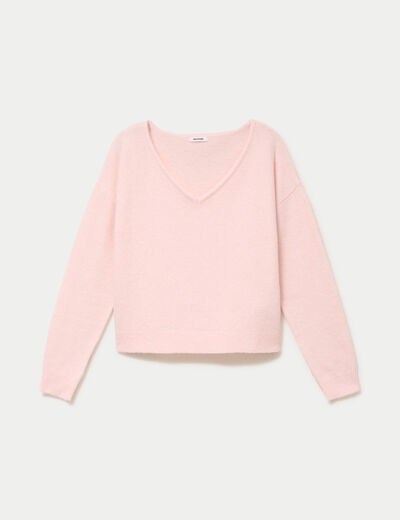 Pull col v manches longues rose clair