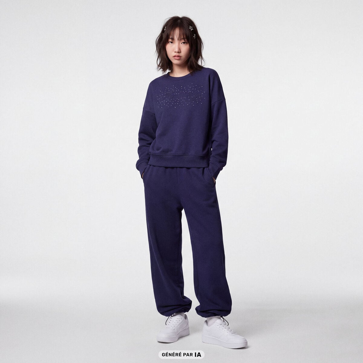 Sweat col rond manches longues strass bleu marine