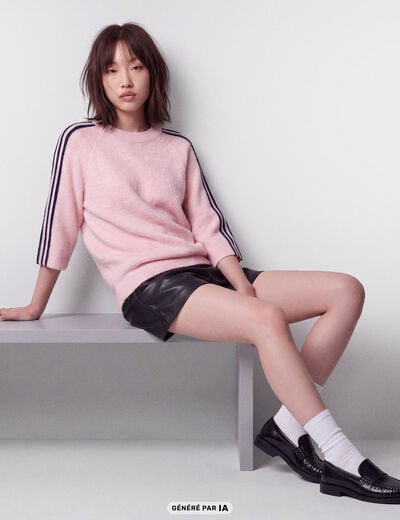 Pull col rond manches 3/4 rose clair
