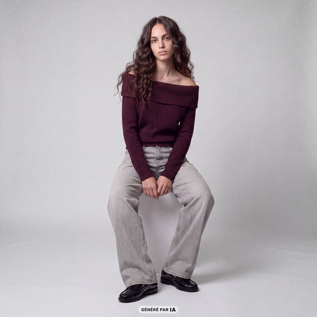 Pull col bardot manches longues bordeaux