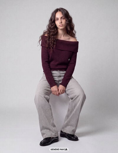 Pull col bardot manches longues bordeaux