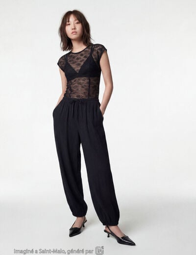 Pantalon large en cr&ecirc;pe taille standard noir ado