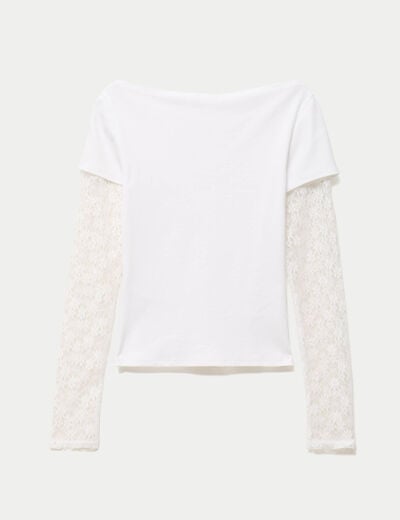 Haut double col bateau manches longues blanc