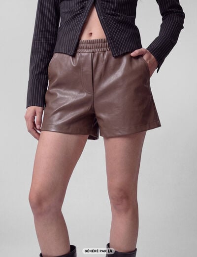 Short taille haute en similicuir taupe