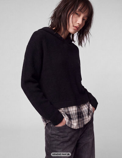 Pull bi-mati&egrave;re &agrave; capuche noir