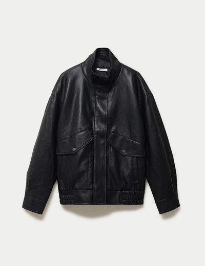 Veste oversize similicuir col biker noir