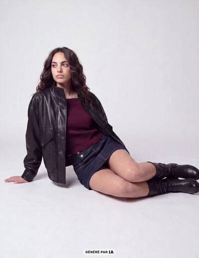 Veste oversize similicuir col biker noir