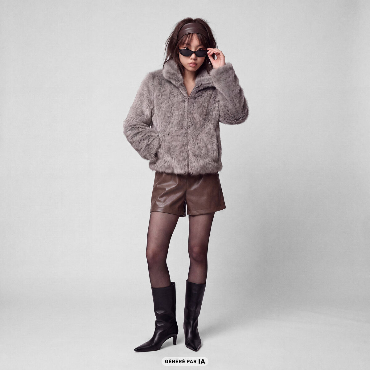 Manteau droit court fausse fourrure bleu gris