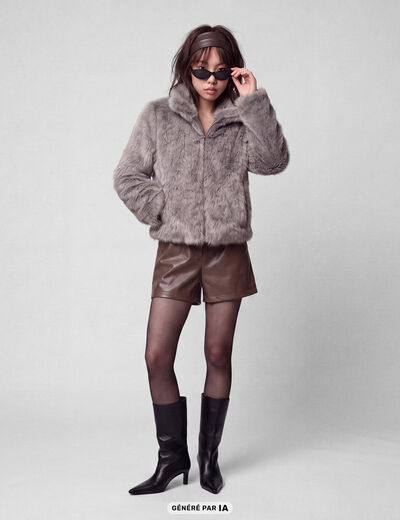 Manteau droit court fausse fourrure bleu gris