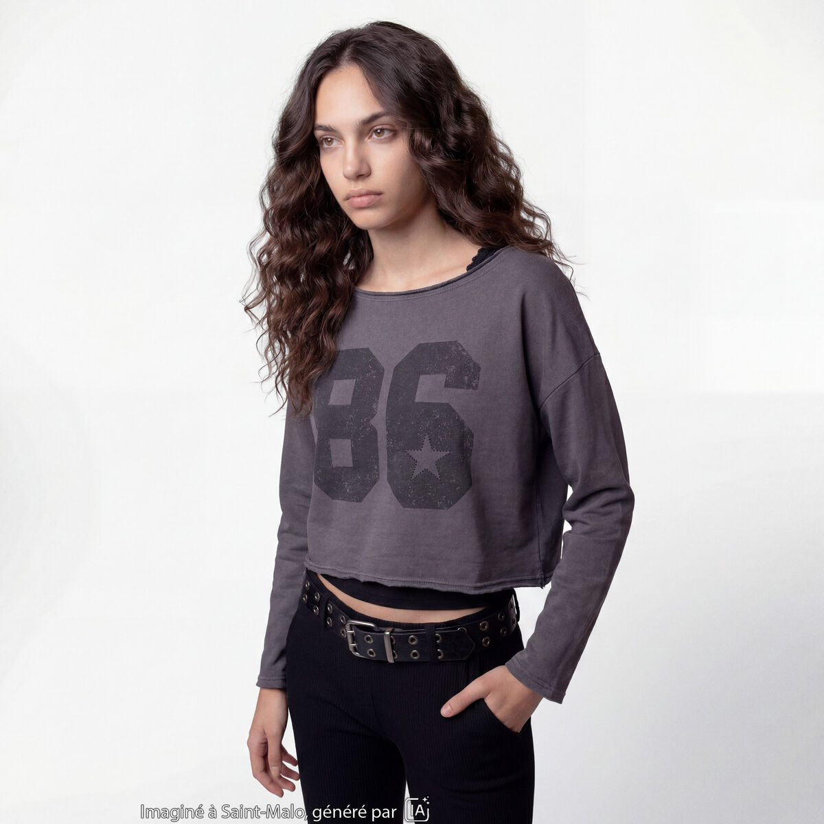 Sweat oversize cropped col bateau gris