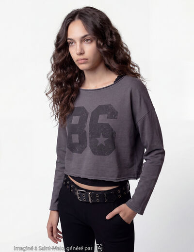 Sweat oversize cropped col bateau gris