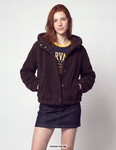 Blouson court droit effet polaire marron fonc&eacute;