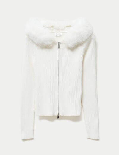 Gilet cintr&eacute; fausse fourrure &agrave; capuche ecru